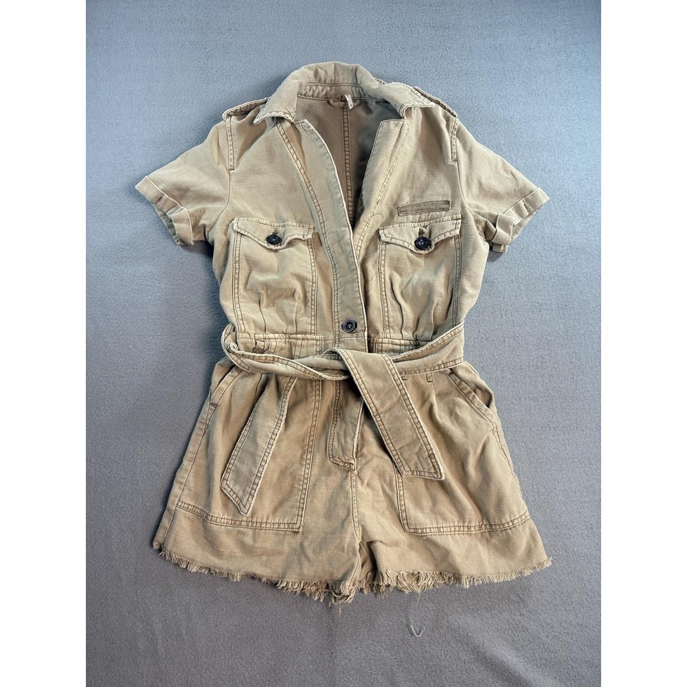 Free People Romper Womens XS Beige Belted Short Sleeve Collared Twill Utility